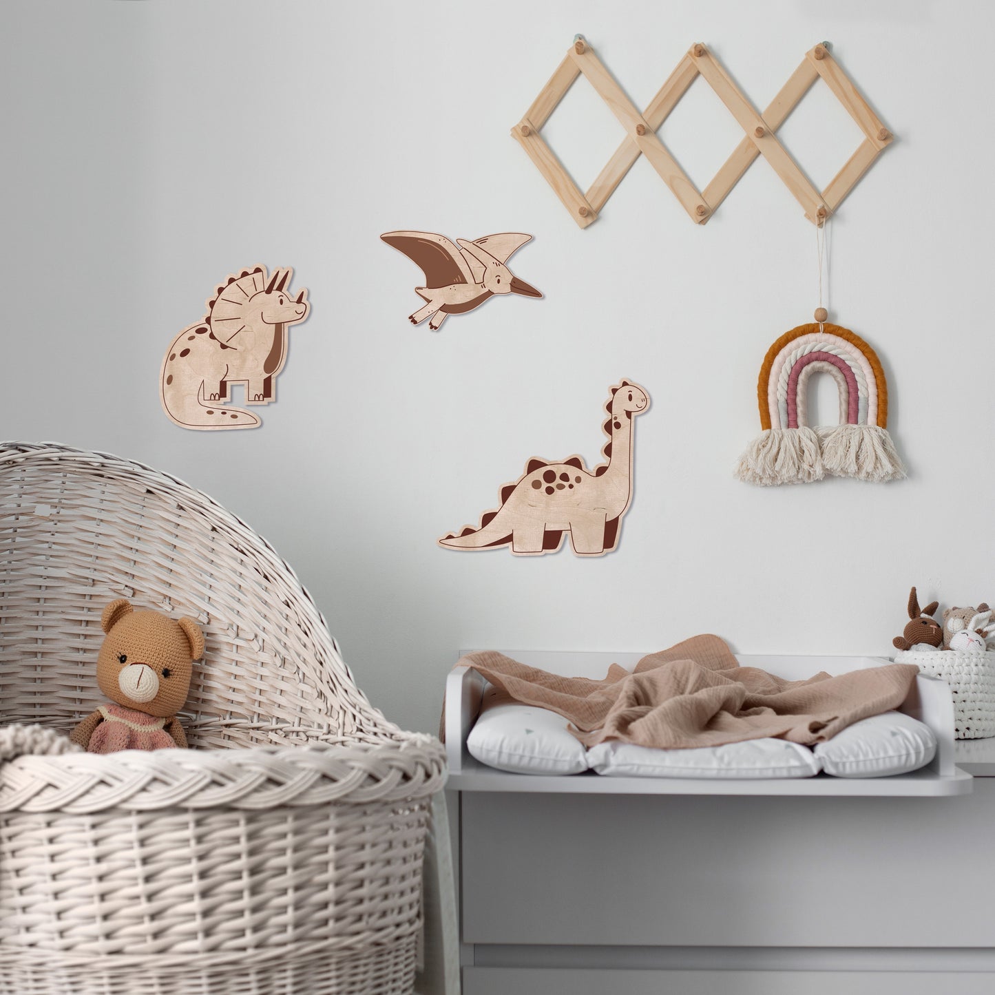 Ensemble de dinosaures en bois – Tricératops, Brachiosaure et Ptérodactyle | Décor de nursery Jurastic