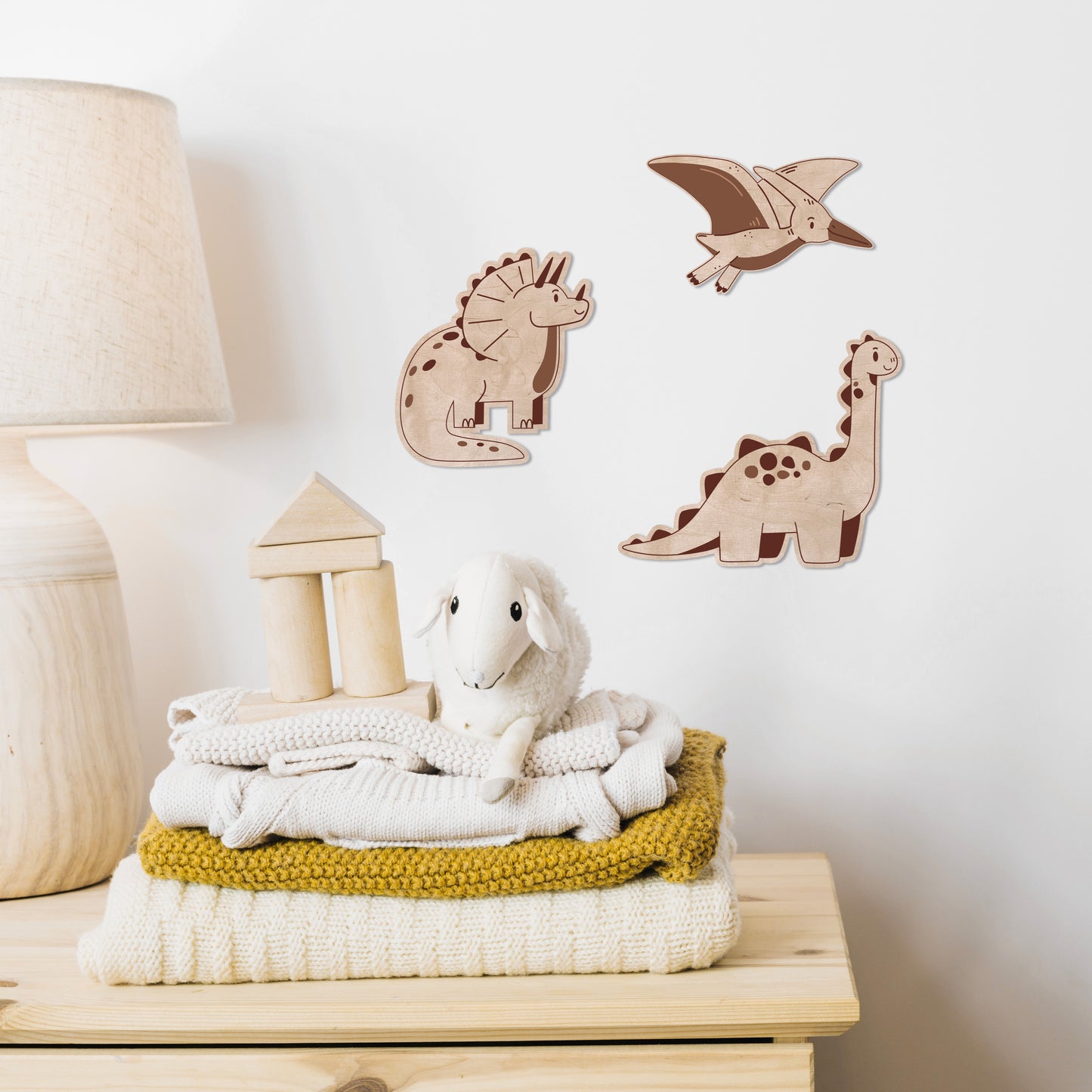 Ensemble de dinosaures en bois – Tricératops, Brachiosaure et Ptérodactyle | Décor de nursery Jurastic