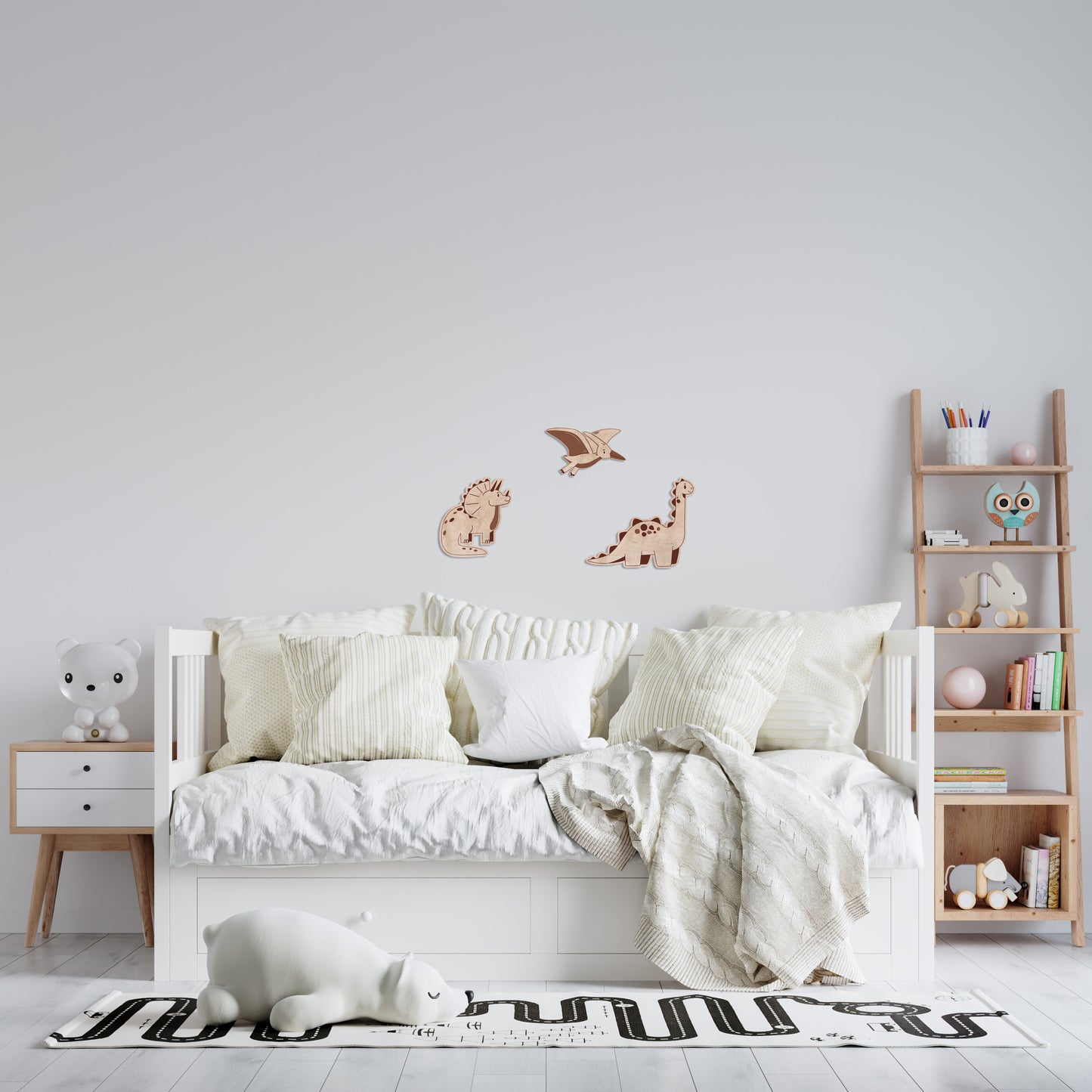 Ensemble de dinosaures en bois – Tricératops, Brachiosaure et Ptérodactyle | Décor de nursery Jurastic