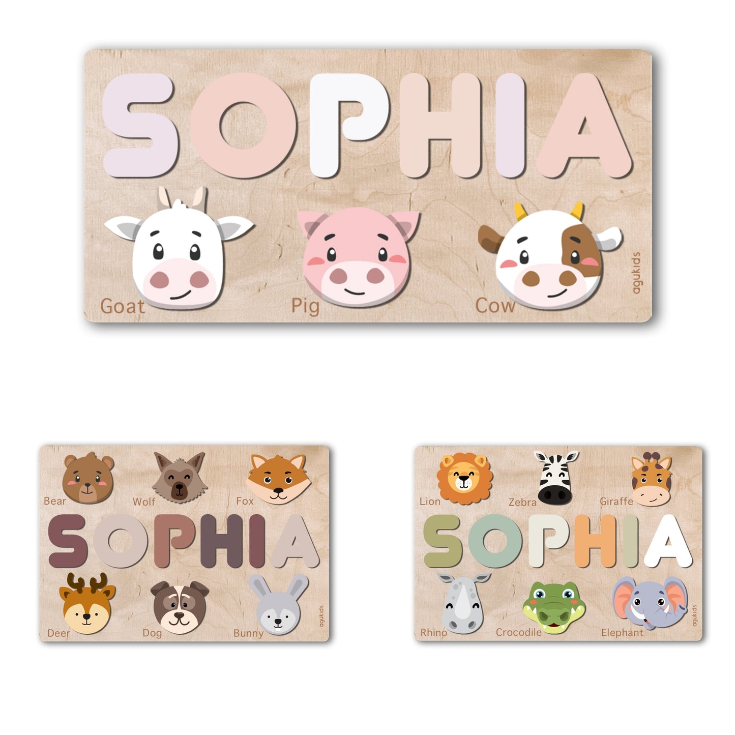 personalized name wooden puzzles with different animals on it