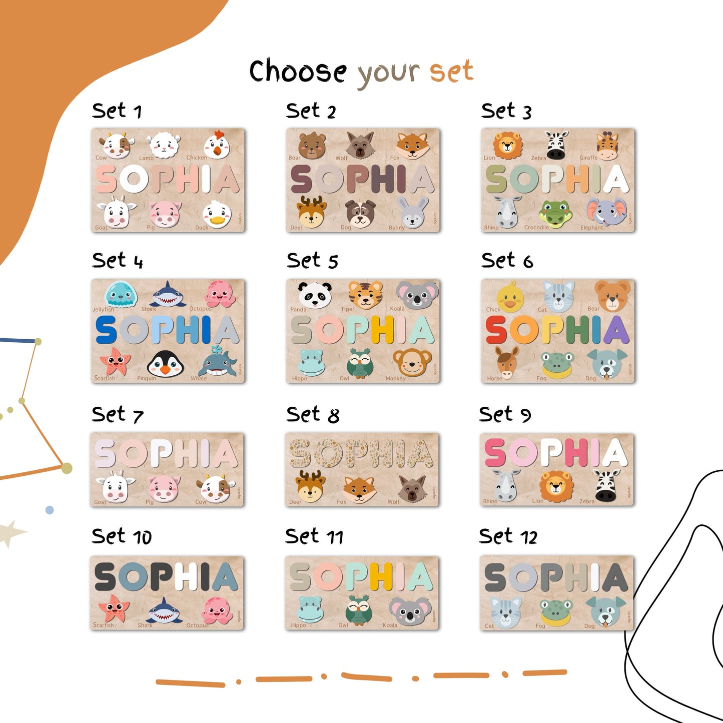 Puzzle de Noms de Bébé avec Animaux | Jouets en Bois Personnalisés pour Bébés