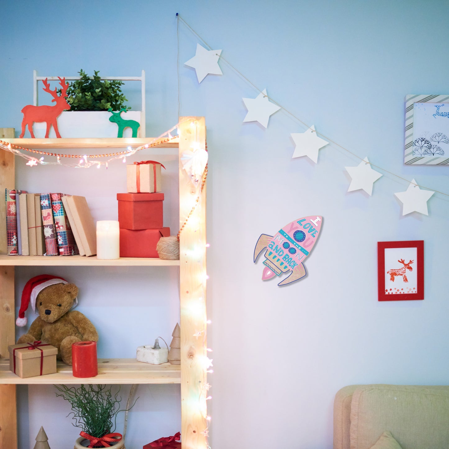Décoration Murale Fusée Rose | “Je t'aime jusqu'à la lune et retour” | Art Murale pour Chambre d'Enfant et Nurserie
