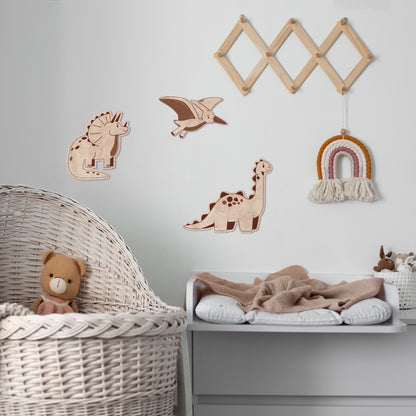 Ensemble de dinosaures en bois – Tricératops, Brachiosaure et Ptérodactyle | Décor de nursery Jurastic
