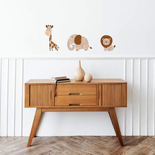 Wooden Safari Animals – Lion, Giraffe & Elephant Wall Decor Set